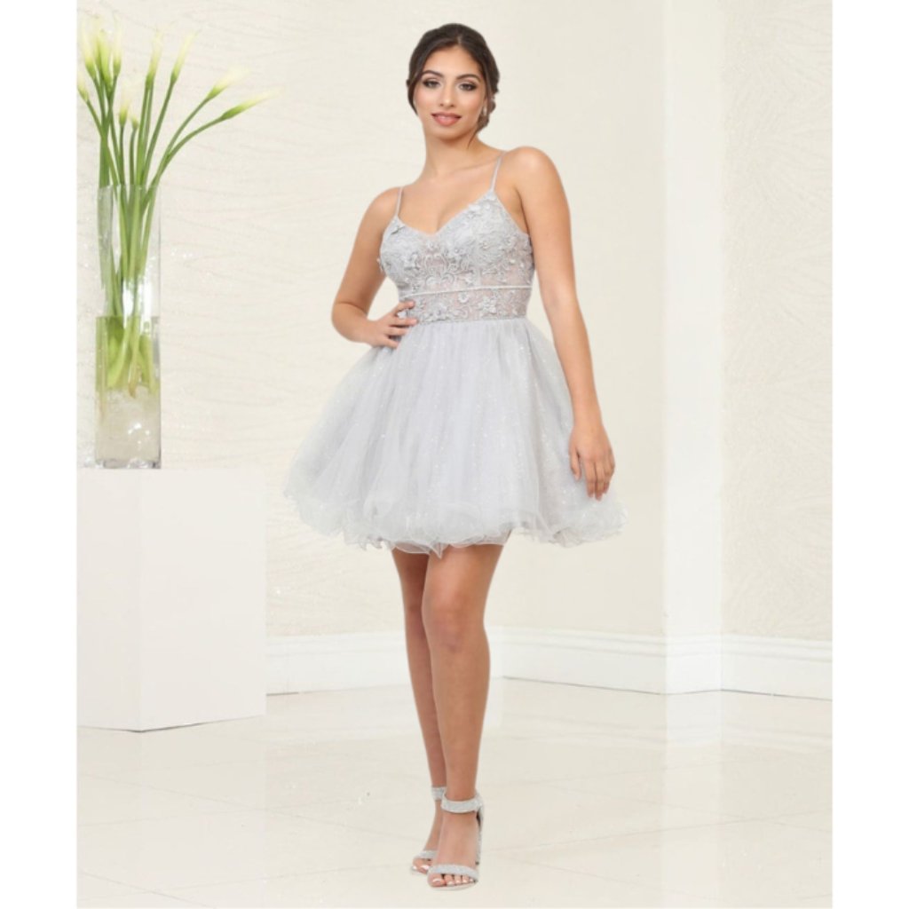 Silver Homecoming Short V-Neck Sleeveless A-Line Dress By May Queen Mq2067